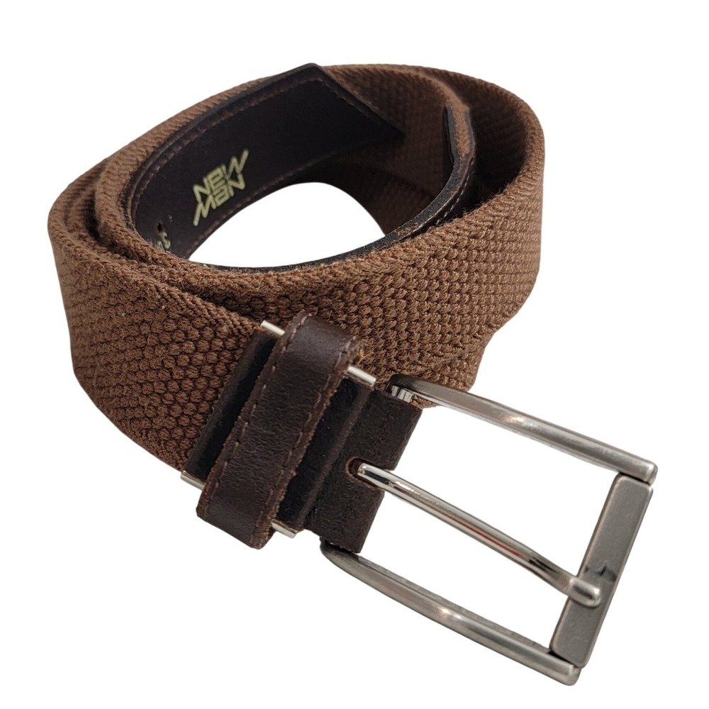 New Man France Brown Woven Elastic Stretch Belt Leather Trim Mens Size 42 105cm‎